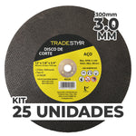 Kit com 25 discos de corte para metal 12" (300x3,0 mm) com furo de 19,05 mm, ideal para cortes precisos em aço e outros metais. Ferramenta reforçada e de alta performance para uso em esmerilhadeiras angulares. Produto Tradestar, perfeito para projetos industriais e construção civil.