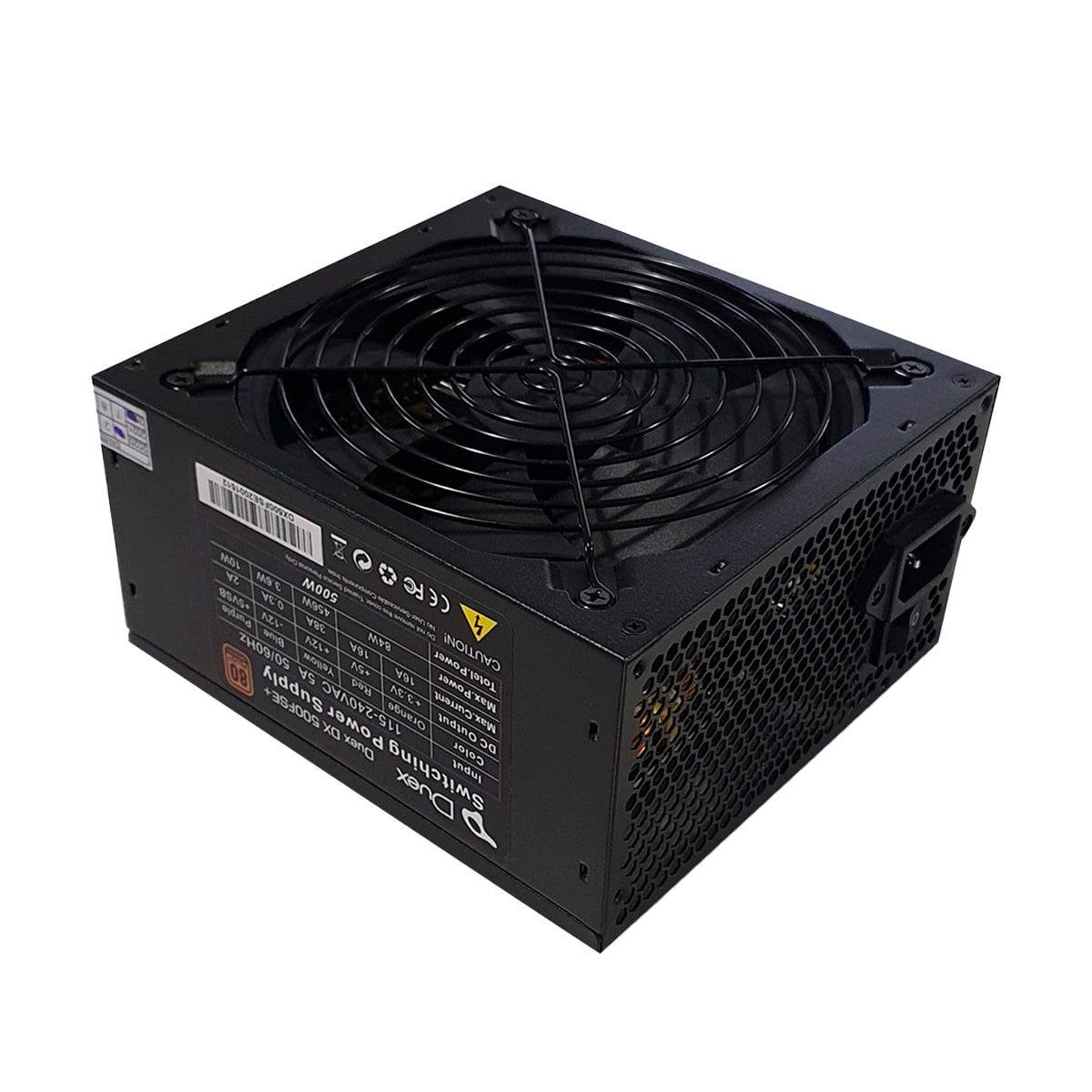 Fonte Gamer Duex 500FSE++ 500W 80 Plus Bronze Modular preta, vista em ângulo, com ventoinha e conectores. Ideal para computadores gamers, oferece energia estável e eficiente. Possui certificação 80 Plus Bronze e design modular.