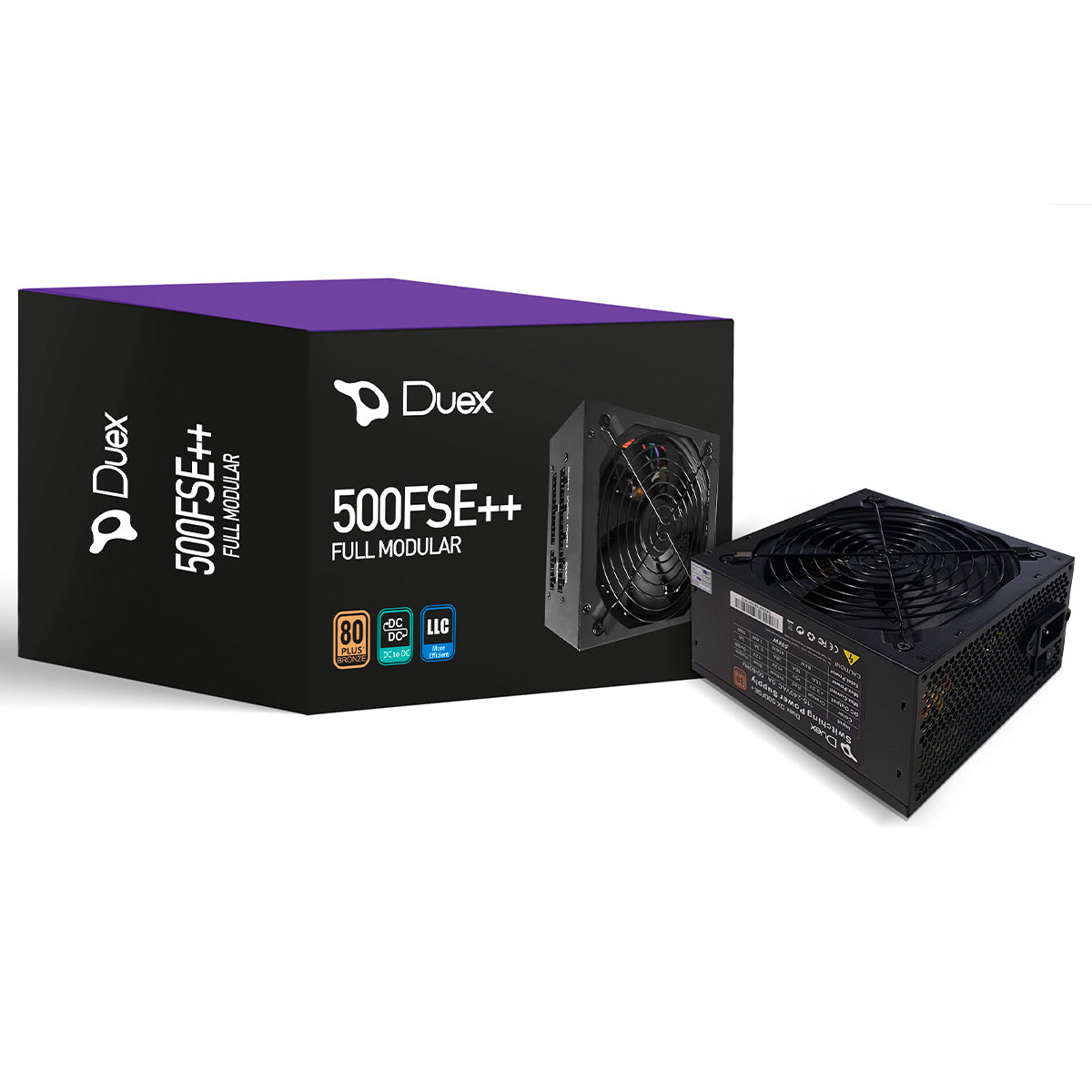 Fonte Gamer Duex 500FSE++ 500W 80 Plus Bronze Modular - Fonte de alimentação para PC, modular, com certificação 80 Plus Bronze, ideal para gamers. Apresenta design moderno e eficiente, com conectores diversos e potência de 500W. Inclui embalagem e fonte.