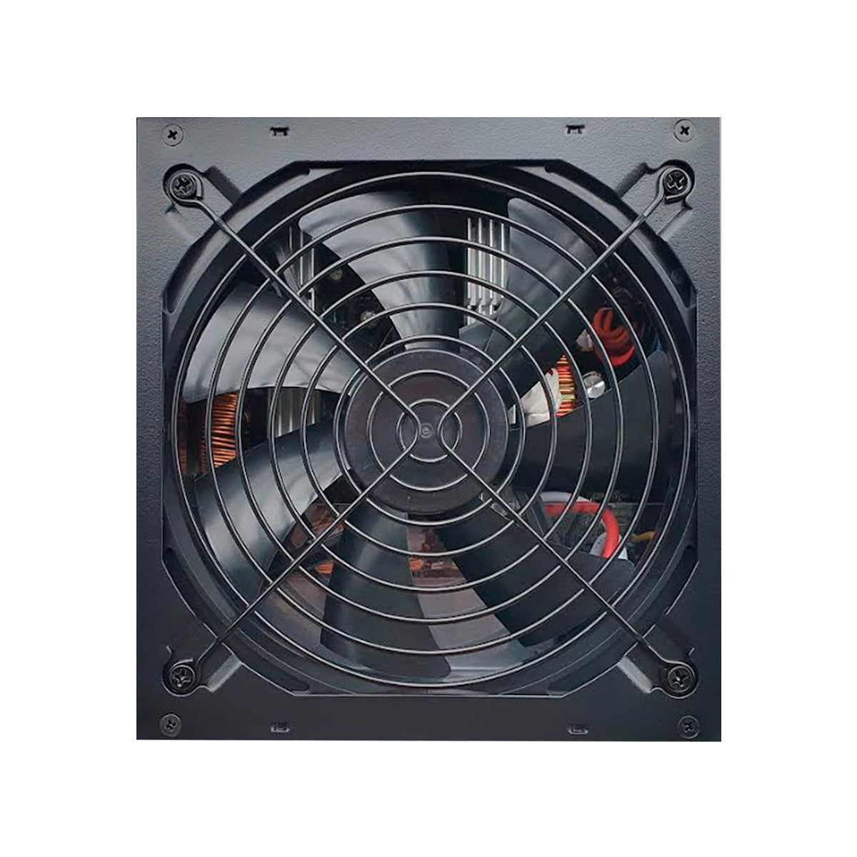 Fonte Gamer Duex 600FSE++ 600W 80 Plus Bronze Modular PFC Ativo - Vista frontal da fonte de alimentação com ventoinha e grade de proteção, ideal para computadores gamers, oferecendo energia estável e eficiente.