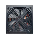 Fonte Gamer Duex 600FSE++ 600W 80 Plus Bronze Modular PFC Ativo - Vista frontal da fonte de alimentação com ventoinha e grade de proteção, ideal para computadores gamers, oferecendo energia estável e eficiente.