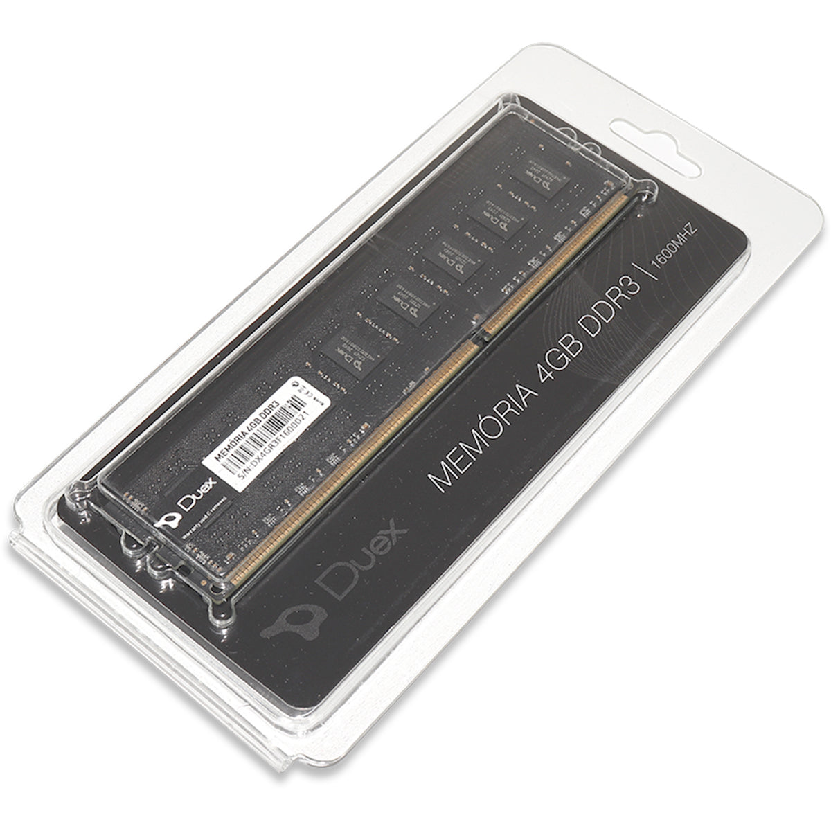 Memória RAM 4GB Duex DDR3 1600MHz DIMM em embalagem. Ideal para upgrade de desempenho em computadores, oferecendo maior velocidade e capacidade para multitarefas. Aumente a eficiência do seu PC com esta memória RAM de alta performance.