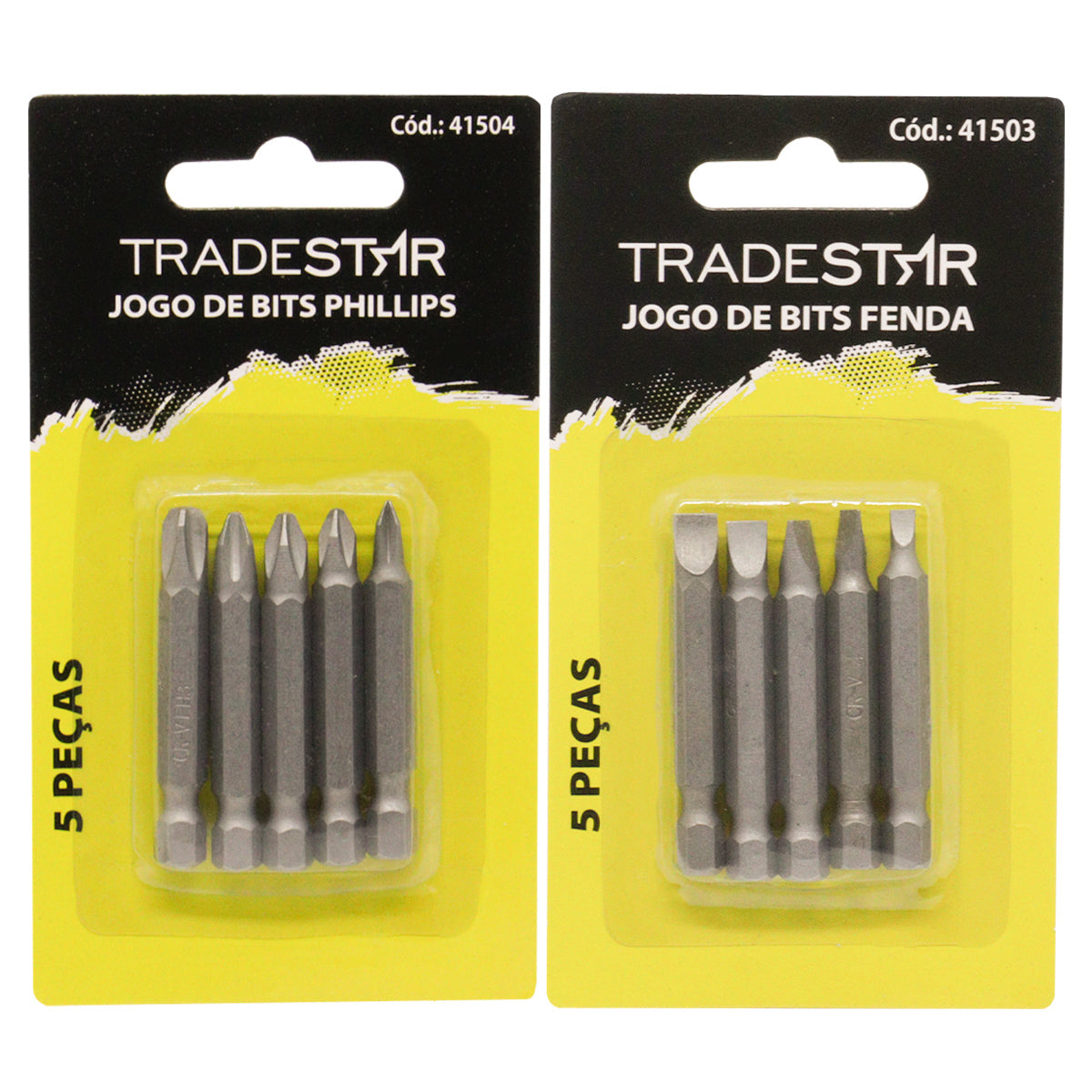 Jogo de Bits Ponteiras Philips e Fenda 10 peças Aço Carbono Tradestar. Conjunto de pontas para parafusadeira, com 5 bits Philips e 5 bits fenda, ideal para uso profissional e hobby.