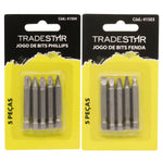 Jogo de Bits Ponteiras Philips e Fenda 10 peças Aço Carbono Tradestar. Conjunto de pontas para parafusadeira, com 5 bits Philips e 5 bits fenda, ideal para uso profissional e hobby.