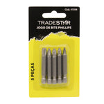 Jogo de Bits Philips Tradestar com 5 peças em aço carbono, ideal para parafusadeiras e chaves manuais. Kit de ponteiras para parafusos Philips, resistente e durável para uso profissional e hobby.
