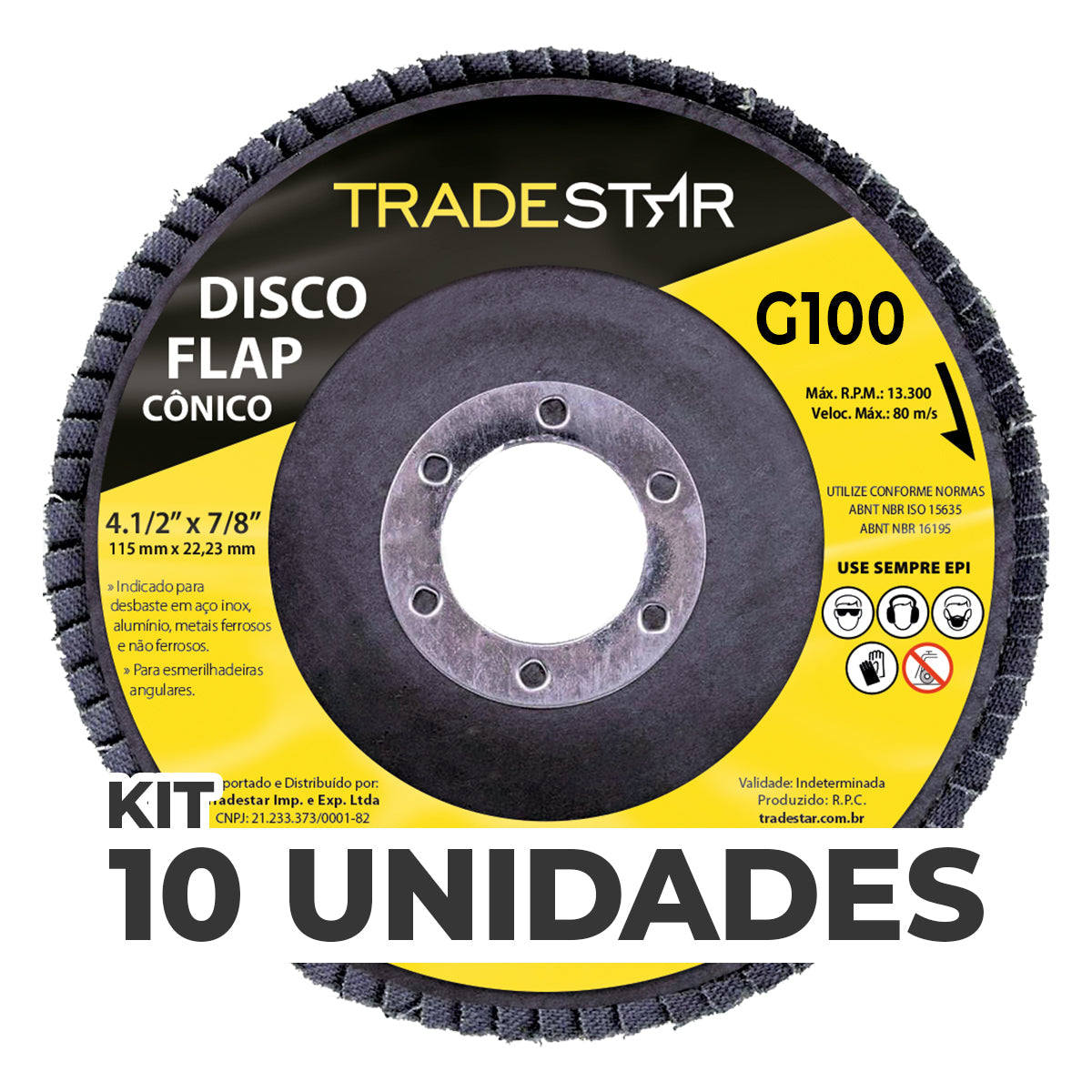 Kit com 10 Discos Flap Cônico 4.1/2 x 7/8 FDS115-100FC Z100 Tradestar para esmerilhadeira angular, ideal para desbaste em aço inox, alumínio e metais ferrosos. Grão 100, alta performance e durabilidade para acabamentos precisos.