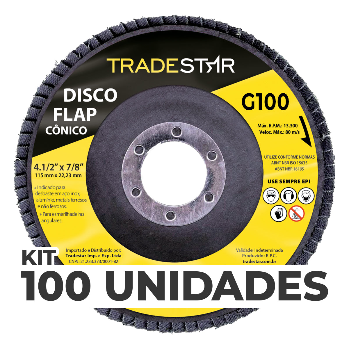 Kit com 100 discos flap cônico 4.1/2 x 7/8 FDS115-100FC Z100 Tradestar, ideal para desbaste em aço inox, alumínio e metais ferrosos. Grão 100, para uso em esmerilhadeiras angulares. Ferramenta para acabamentos precisos e versáteis.