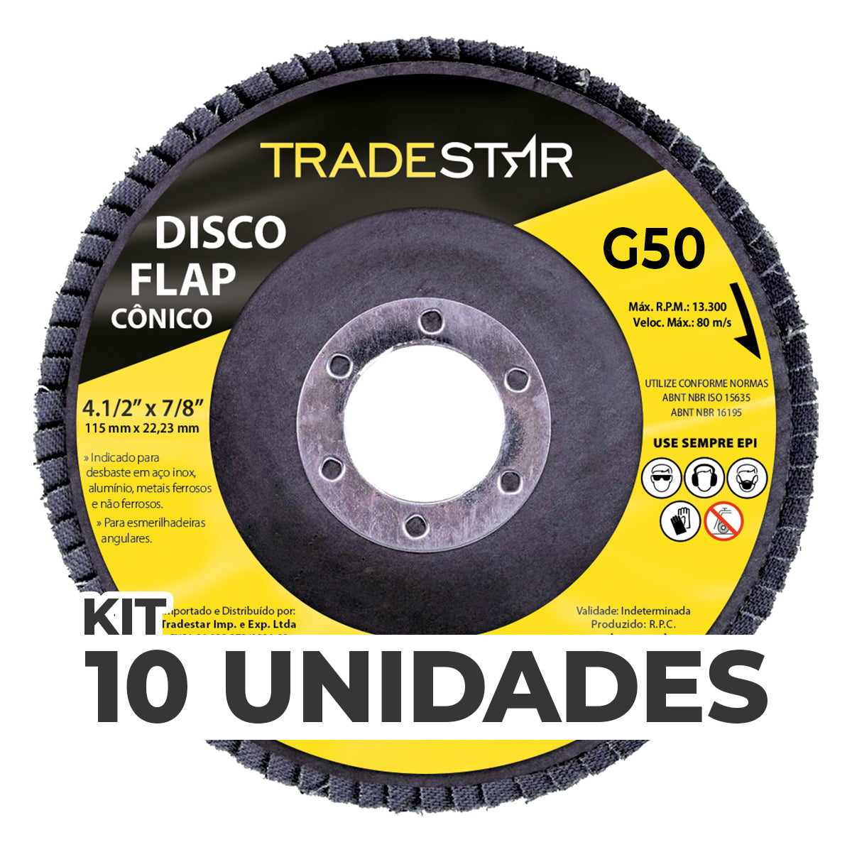Kit com 10 Discos Flap Cônico 4.1/2 x 7/8 FDS115-50FC Z50 Tradestar, grão 50, ideal para acabamento em aço inox, alumínio e metais ferrosos. Disco para esmerilhadeira angular, oferece alta performance e durabilidade. Produto original, novo e com garantia.