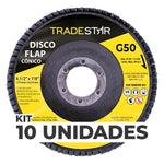 Kit com 10 Discos Flap Cônico 4.1/2 x 7/8 FDS115-50FC Z50 Tradestar, grão 50, ideal para acabamento em aço inox, alumínio e metais ferrosos. Disco para esmerilhadeira angular, oferece alta performance e durabilidade. Produto original, novo e com garantia.