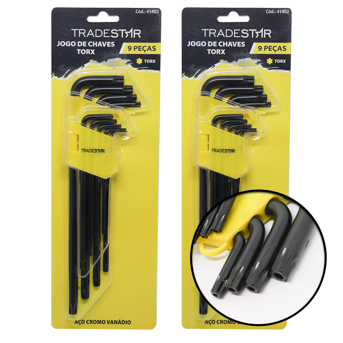 Kit 2 Jogos de Chaves Torx Tipo L Longo Tradestar (T10 a T50) em aço cromo vanádio, ideal para uso em manutenção automotiva, eletrônicos, eletrodomésticos, móveis e indústria. Conjunto com 9 peças cada, oferecendo maior alcance e torque. Ferramenta original com nota fiscal, envio imediato e suporte técnico especializado.