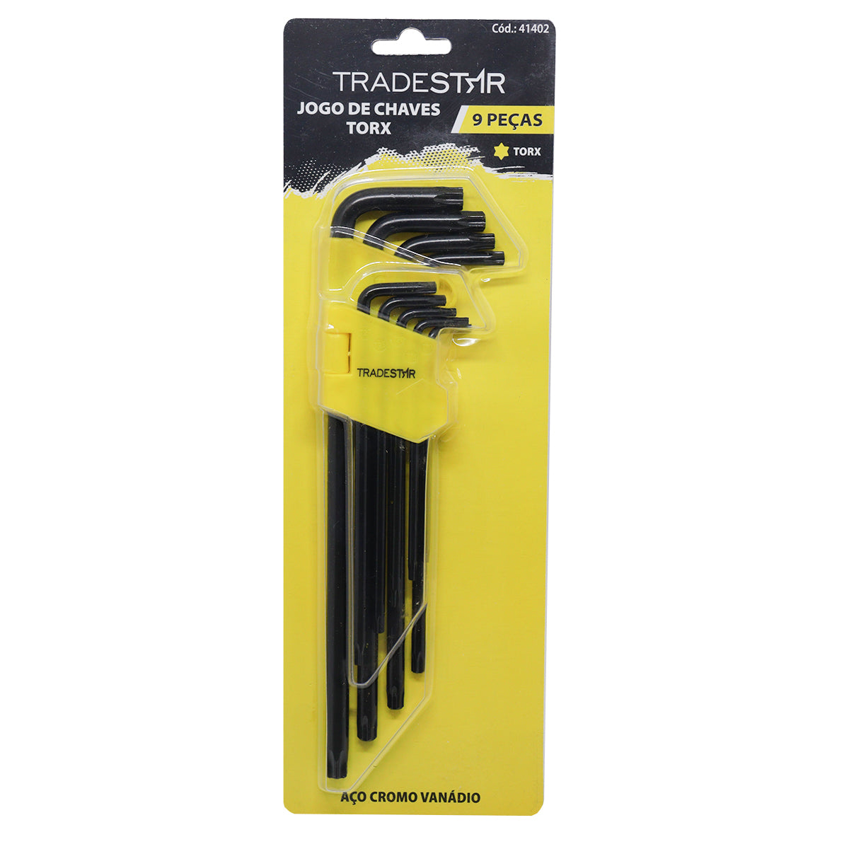 Kit 2 Jogos de Chaves Torx Tipo L Longo Tradestar (T10 a T50) em aço cromo vanádio, ideal para uso em manutenção automotiva, eletrônicos, eletrodomésticos, móveis e indústria. Conjunto com 9 peças, formato em L para maior torque e alcance.