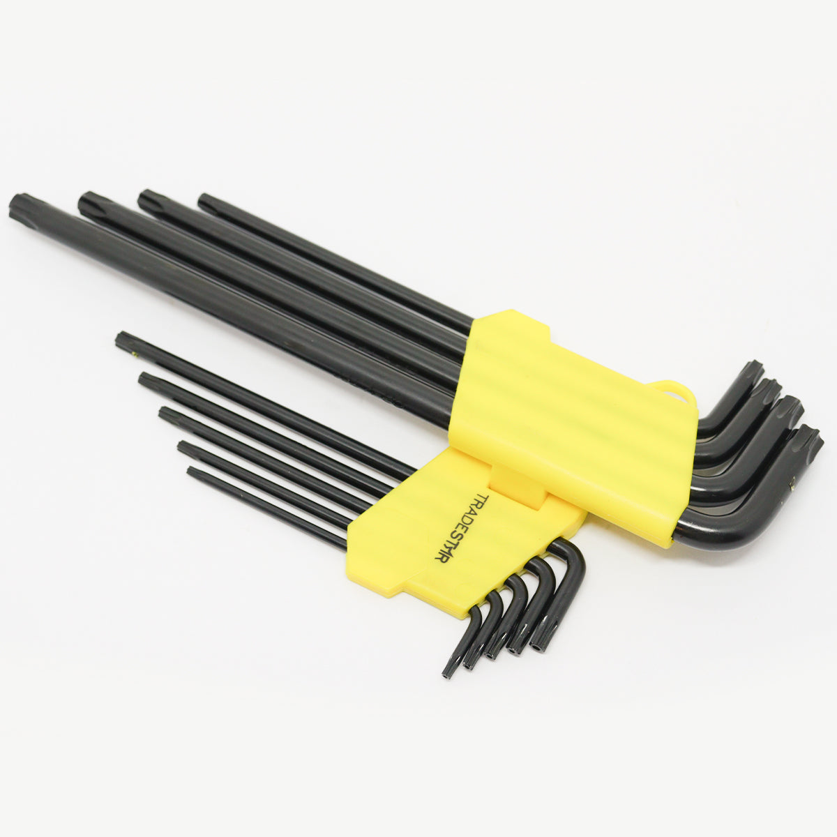 Kit 2 Jogos de Chaves Torx Tipo L Longo Tradestar (T10 a T50) em aço cromo-vanádio, ideal para manutenção automotiva, eletrônicos e marcenaria. Chaves Torx com formato em L longo para maior alcance e torque. Ferramenta profissional para parafusos estrela.