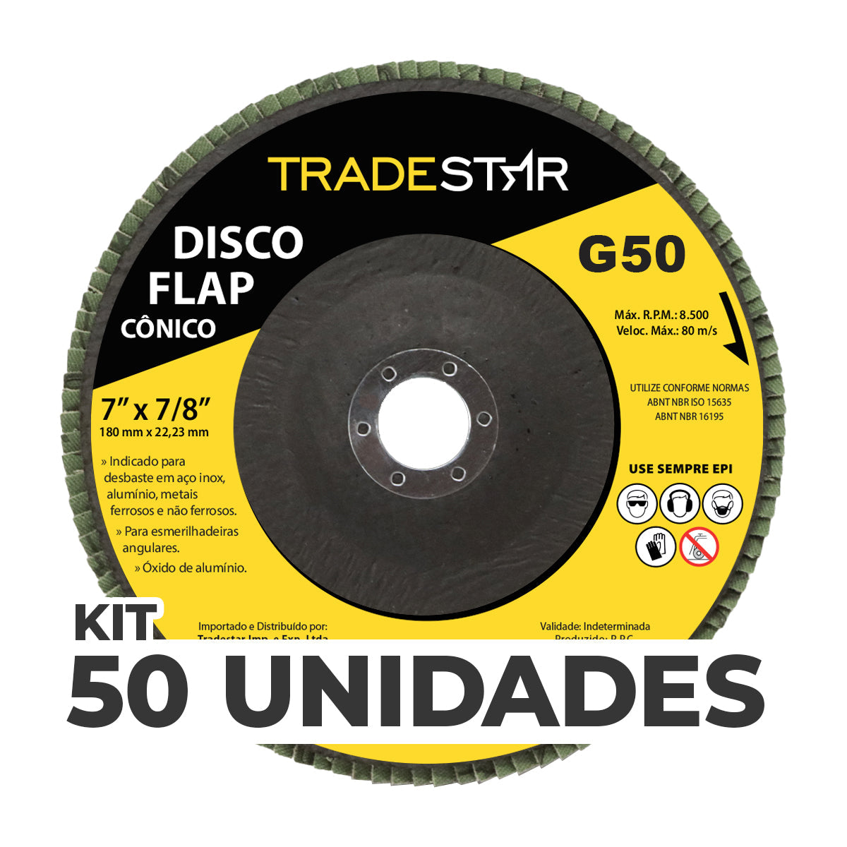 Kit com 50 discos flap cônico 7" 180mm FDS180-50FC Z50 Tradestar, grão 50, ideal para acabamento em aço inox, alumínio, metais ferrosos e não ferrosos. Disco de óxido de alumínio para esmerilhadeiras angulares. Produto original, novo e com garantia.