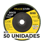 Kit com 50 discos flap cônico 7" 180mm FDS180-50FC Z50 Tradestar, grão 50, ideal para acabamento em aço inox, alumínio, metais ferrosos e não ferrosos. Disco de óxido de alumínio para esmerilhadeiras angulares. Produto original, novo e com garantia.