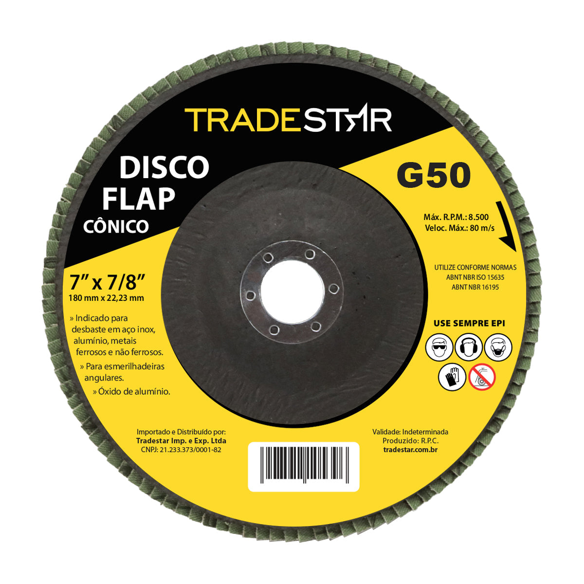 Kit com 50 discos flap cônico 7" 180mm FDS180-50FC Z50 Tradestar, grão 50, ideal para acabamento em aço inox, alumínio e metais ferrosos. Disco para esmerilhadeira angular, com óxido de alumínio. Ferramenta para desbaste e acabamento de alta qualidade.