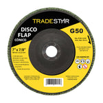 Kit com 50 discos flap cônico 7" 180mm FDS180-50FC Z50 Tradestar, grão 50, ideal para acabamento em aço inox, alumínio e metais ferrosos. Disco para esmerilhadeira angular, com óxido de alumínio. Ferramenta para desbaste e acabamento de alta qualidade.
