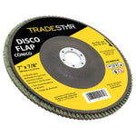 Kit com 50 discos flap cônico 7" 180mm FDS180-50FC Z50 Tradestar para esmerilhadeira angular, ideal para desbaste em aço inox, alumínio e metais ferrosos. Grão 50, alta performance e acabamento superior.