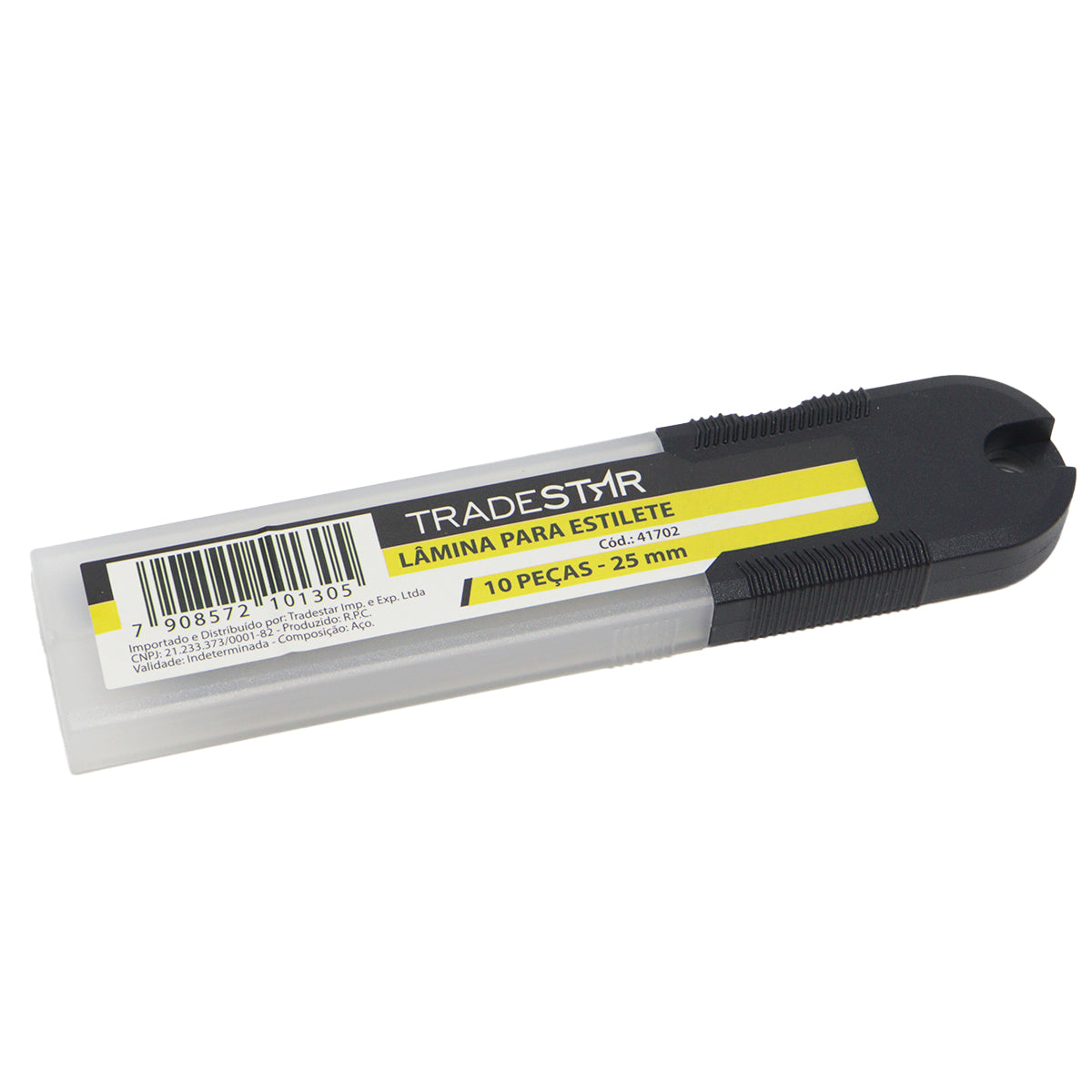 Jogo de Lâminas para Estilete 25mm Tradestar com 100 peças em aço carbono, ideal para cortes precisos em diversos materiais como papelão, drywall, plástico e couro. Lâminas largas e resistentes para uso profissional e doméstico. Embalagem com 10 jogos de 10 lâminas.