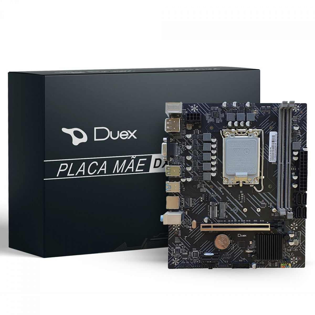 Placa Mãe Duex Intel H610zg LGA 1700 para processadores Intel Core i9, i7, i5, i3 com suporte para memória DDR4. Inclui portas HDMI e VGA, ideal para montagem ou atualização de computadores.