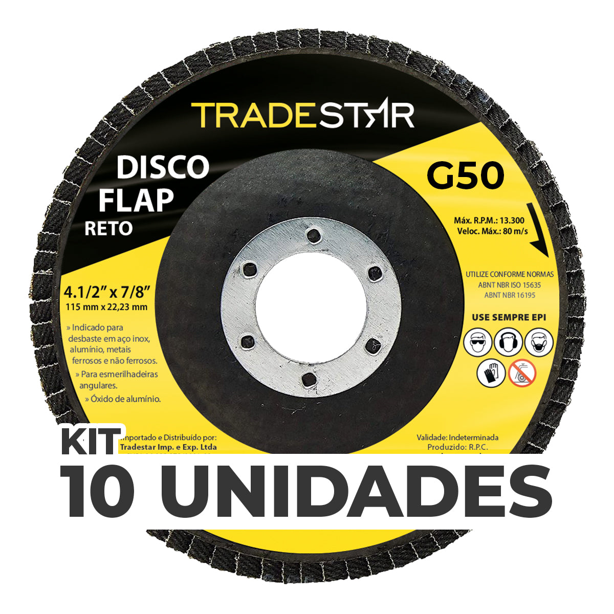 Kit com 10 Discos Flap Reto 4.1/2 x 7/8 Fds115-50fc Z50 Tradestar, ideal para desbaste em aço inox, alumínio e metais ferrosos. Grão 50, 115mm, para esmerilhadeiras angulares. Produto original, novo e com garantia.