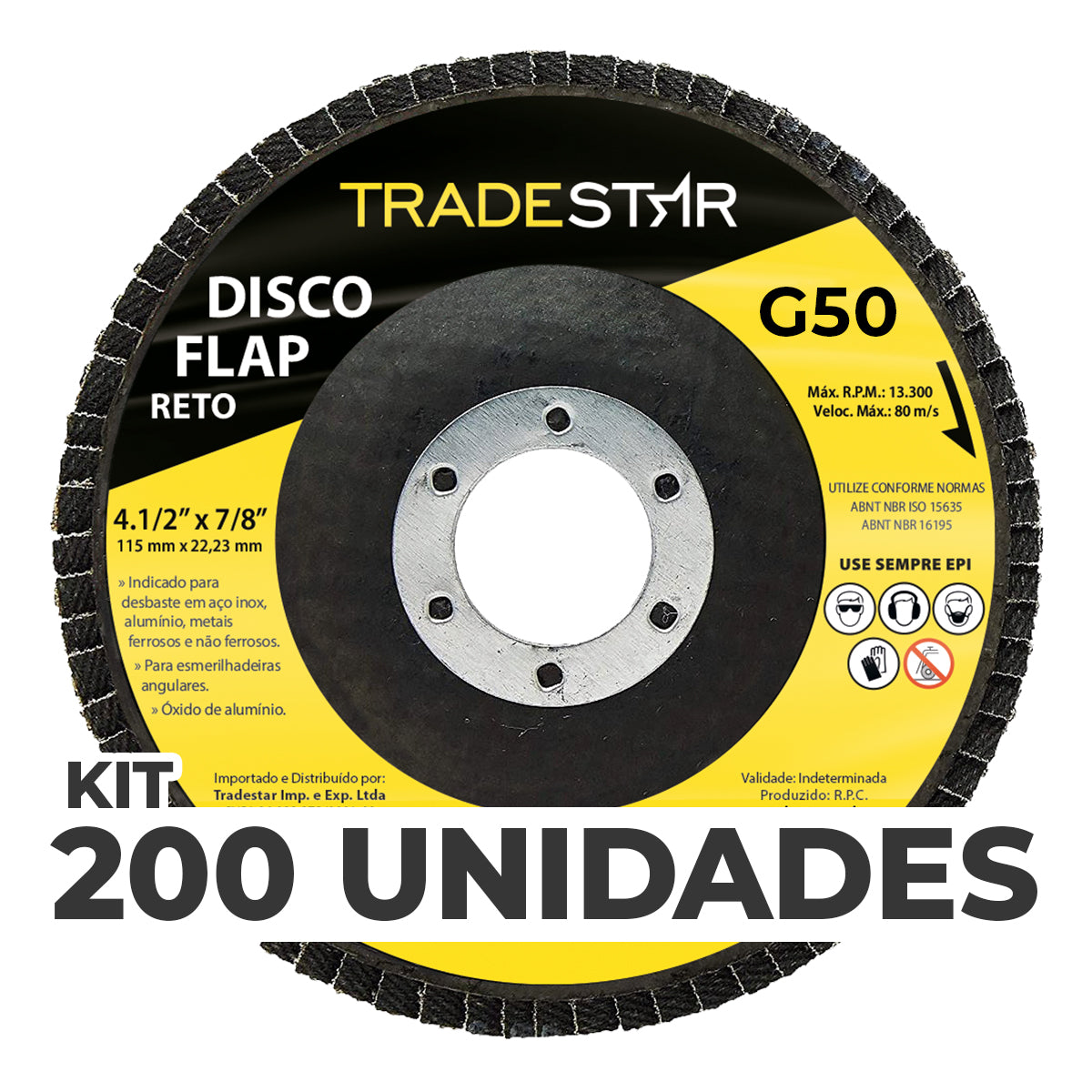 Kit com 200 Discos Flap Reto 4.1/2 x 7/8 Fds115-50fc Z50 Tradestar - Ideal para desbaste em aço inox, alumínio e metais ferrosos. Grão 50, 115mm, para esmerilhadeiras angulares. Produto original, com nota fiscal e garantia.