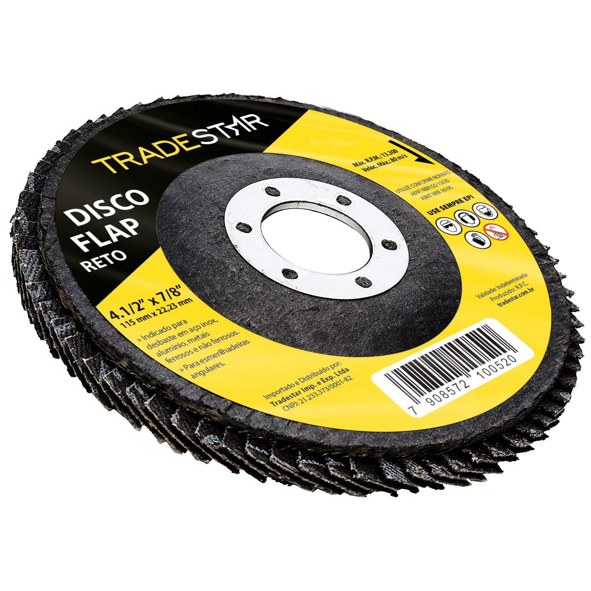 Kit com 200 discos flap reto 4.1/2 x 7/8 Fds115-50fc Z50 Tradestar, ideal para desbaste em aço inox, alumínio e metais ferrosos. Disco de lixa para esmerilhadeira angular, grão 50, 115mm. Produto original, envio imediato e com nota fiscal.