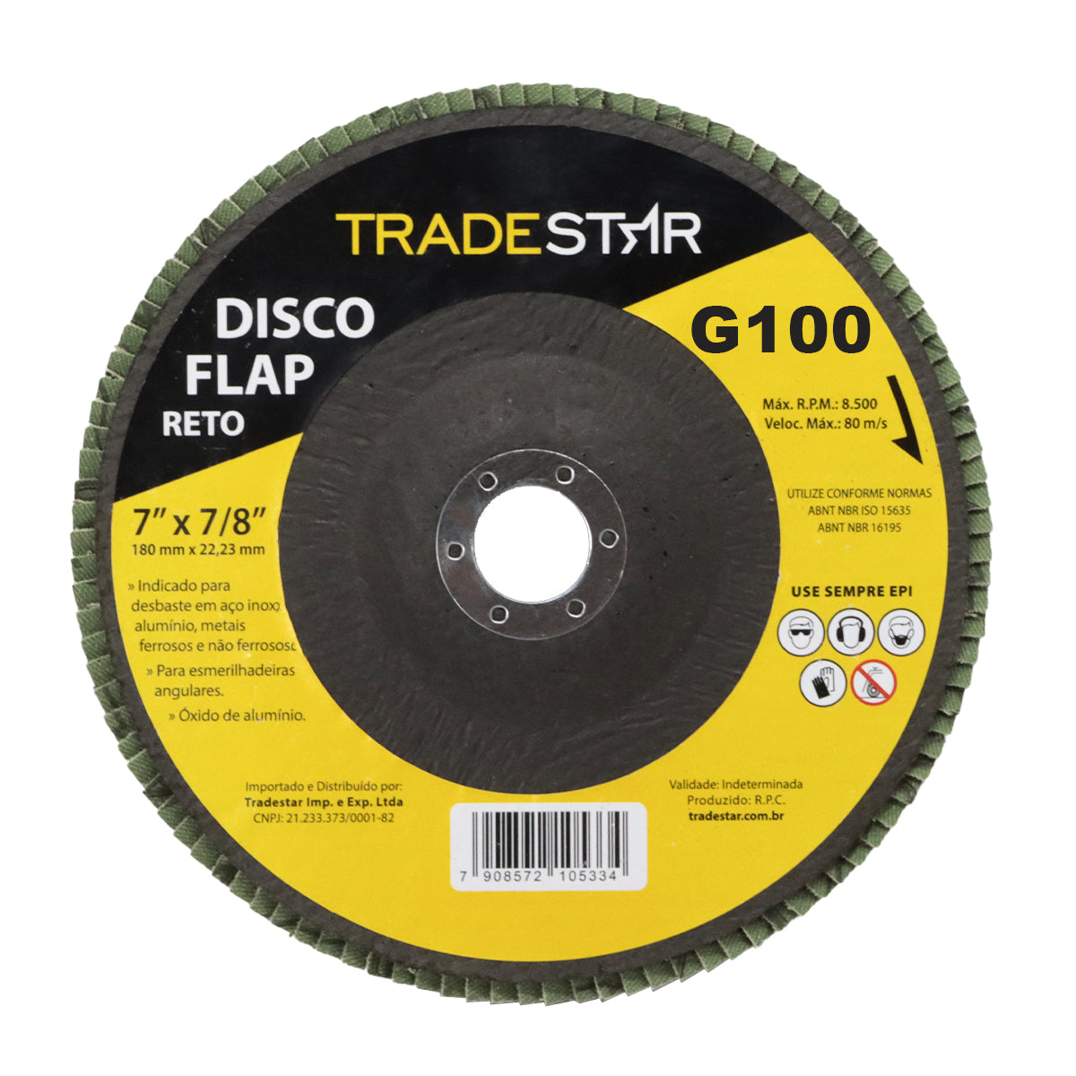 Kit com 10 Discos Flap Reto 7" 180mm Fds180-100fc Z100 Tradestar - Grão 100 para esmerilhadeira angular, ideal para desbaste em aço inox, alumínio e metais ferrosos. Ferramenta de alta performance para acabamento e remoção de material.