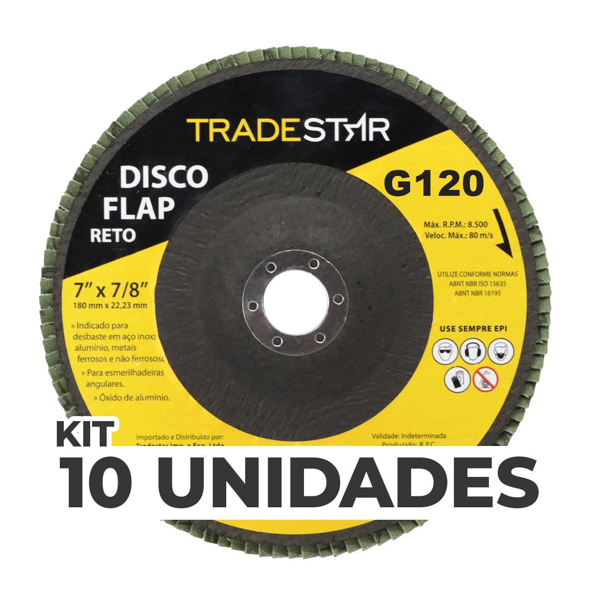 Kit com 10 Discos Flap Reto 7" 180mm Fds180-120fc Z120 Tradestar - Grão 120 para esmerilhadeira angular, ideal para desbaste em aço inox, alumínio e metais ferrosos. Ferramenta de alta performance para acabamento e remoção de material.