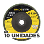 Kit com 10 Discos Flap Reto 7" 180mm Fds180-120fc Z120 Tradestar - Grão 120 para esmerilhadeira angular, ideal para desbaste em aço inox, alumínio e metais ferrosos. Ferramenta de alta performance para acabamento e remoção de material.