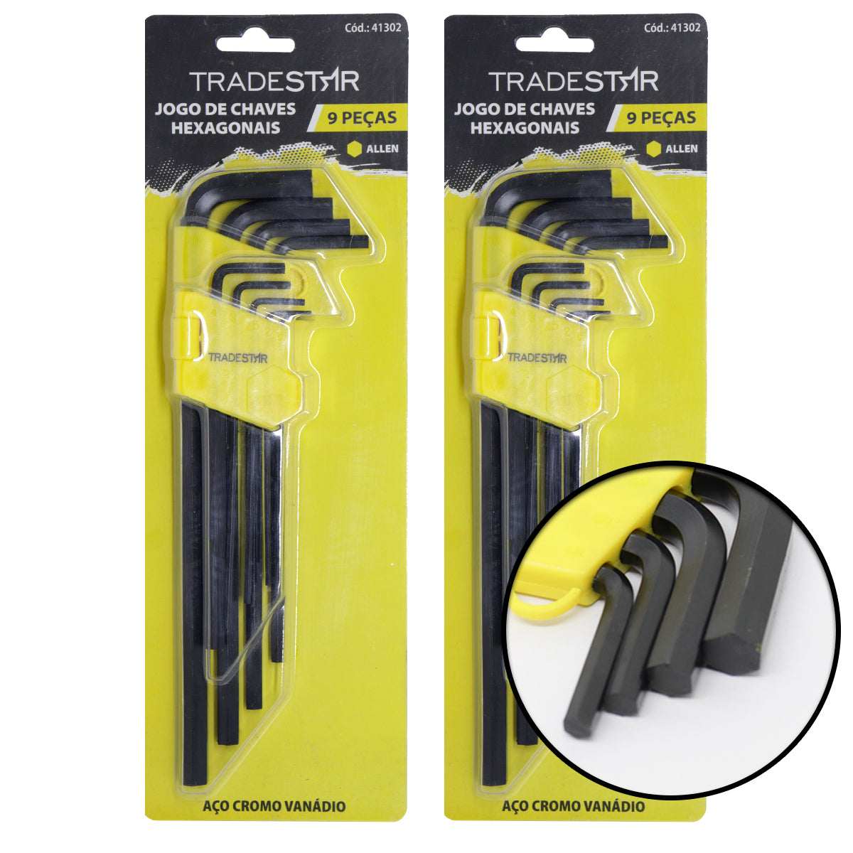 Kit 02 Jogo Chave allen Hexagonal L 1.5 a 10mm Longa 9 Peças Tradestar - Chaves hexagonais longas em aço cromo vanádio, com suporte amarelo e pintura preta. Ideal para uso em diversas aplicações.