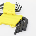 Kit 02 Jogo Chave allen Hexagonal Longa 9 Peças, com suporte amarelo e chaves pretas em formato de L. Ideal para uso em diversas aplicações, com tamanhos de 1.5mm a 10mm. Fabricado em aço cromo vanádio, resistente à corrosão.