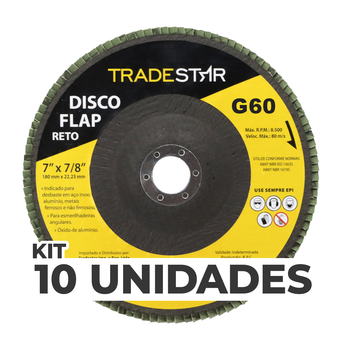 Kit com 10 Discos Flap Reto 7" 180mm Fds180-60fc Z60 Trade Star G60 para esmerilhadeira angular, ideal para desbaste em aço inox, alumínio e metais ferrosos. Grão 60, alta performance e durabilidade para uso industrial e profissional.