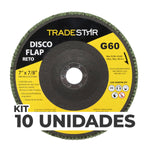 Kit com 10 Discos Flap Reto 7" 180mm Fds180-60fc Z60 Trade Star G60 para esmerilhadeira angular, ideal para desbaste em aço inox, alumínio e metais ferrosos. Grão 60, alta performance e durabilidade para uso industrial e profissional.