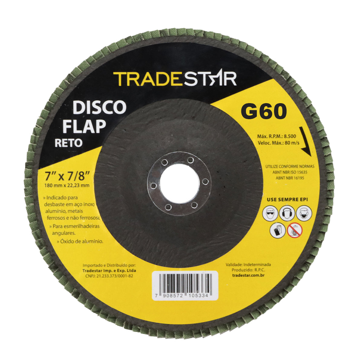 Kit com 10 discos flap reto 7" 180mm Fds180-60fc Z60 Tradestar, ideal para desbaste em aço inox, alumínio, metais ferrosos e não ferrosos. Disco de óxido de alumínio, grão 60, para uso em esmerilhadeiras angulares. Ferramenta essencial para profissionais que buscam remoção eficiente de material e excelentes acabamentos.