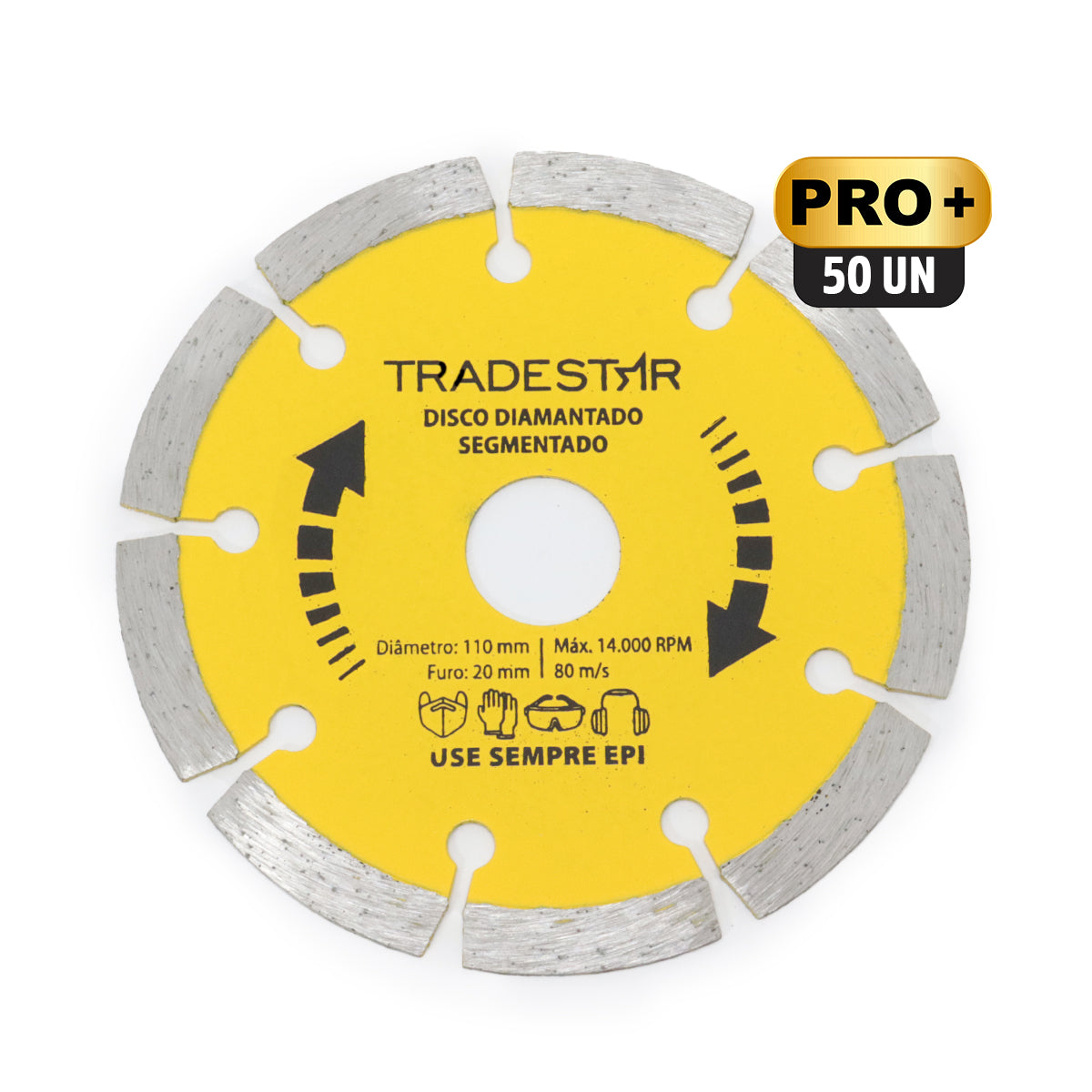 Kit com 50 Discos de Corte Segmentado Diamantado 110mm 4" Pro Tradestar para corte preciso em concreto, alvenaria e materiais de construção. Ideal para uso profissional, oferece durabilidade e alto desempenho. Disco diamantado segmentado, corte a seco.