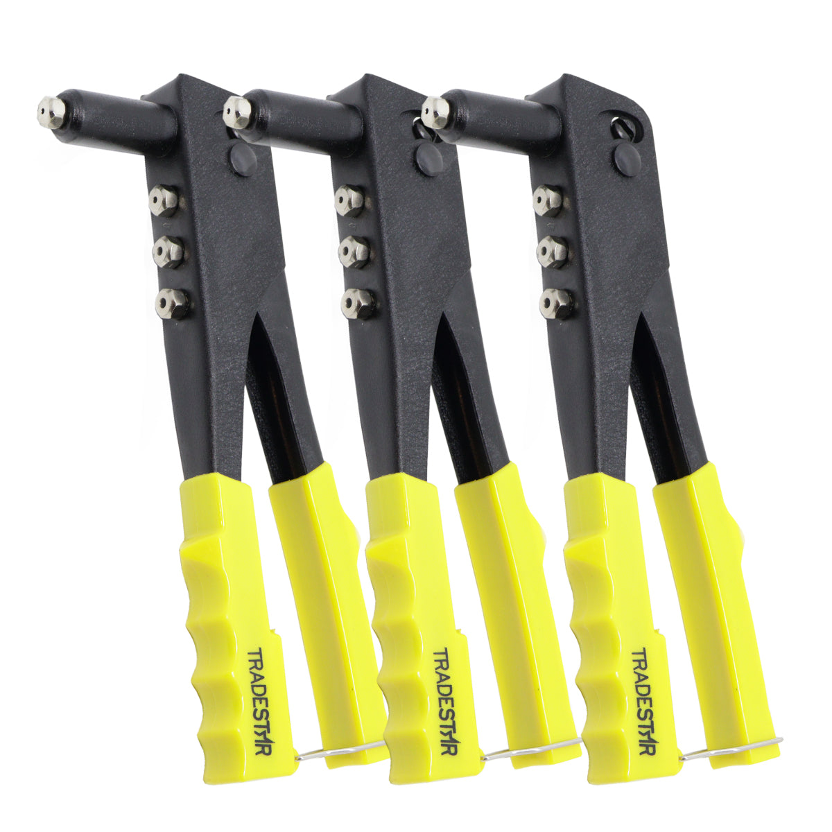 Kit com 3 alicates rebitadores manuais profissionais com 4 bicos intercambiáveis, ideais para fixação em metal, plástico e couro. Ferramentas robustas com empunhadura ergonômica para montagem e reparos.