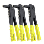 Kit com 3 alicates rebitadores manuais profissionais com 4 bicos intercambiáveis, ideais para fixação em metal, plástico e couro. Ferramentas robustas com empunhadura ergonômica para montagem e reparos.