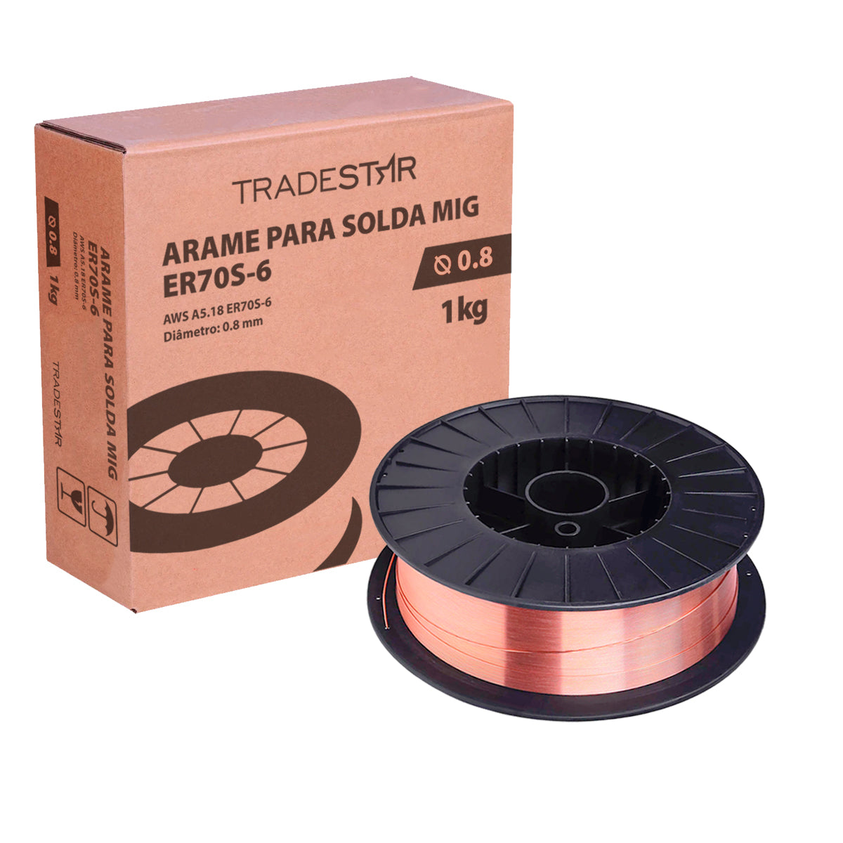 Arame de solda MIG com gás 0,8mm 1Kg ER70S-6 Tradestar. Arame para soldagem de aço carbono e baixa liga, ideal para soldas precisas e resistentes. Fluxo mínimo de respingos, ótima fusão e penetração. Produto original, novo e com garantia.