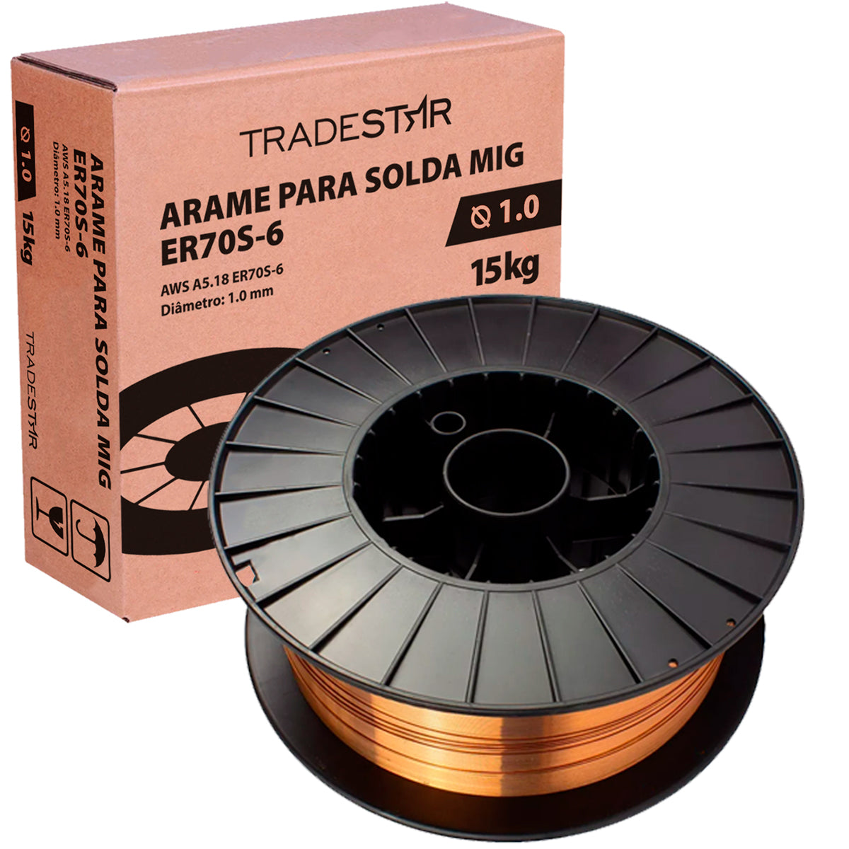 Arame de solda MIG com gás 1,0mm 15kg ER70S-6 Tradestar - Ideal para soldagem de aço carbono e baixa liga, proporcionando alta qualidade, fusão e penetração. Perfeito para projetos profissionais e entusiastas.
