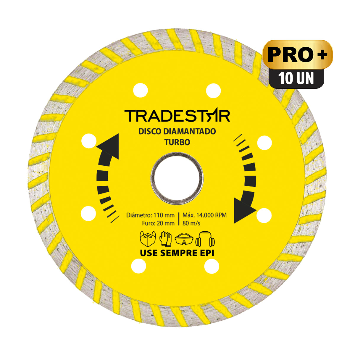 Kit com 10 Discos de Corte Diamantado Turbo 110x20mm 4" Pro Tradestar para corte em granito, mármore, telhas e outros materiais. Disco diamantado turbo com design otimizado para cortes precisos e eficientes. Ideal para uso profissional.