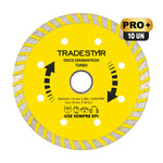 Kit com 10 Discos de Corte Diamantado Turbo 110x20mm 4" Pro Tradestar para corte em granito, mármore, telhas e outros materiais. Disco diamantado turbo com design otimizado para cortes precisos e eficientes. Ideal para uso profissional.