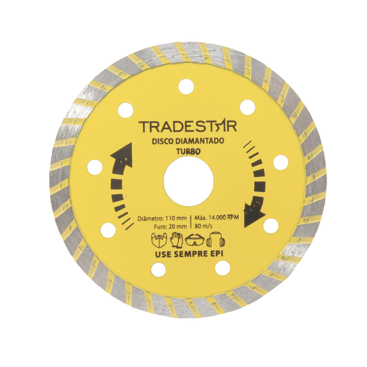 Kit com 10 Discos de Corte Diamantado Turbo 110x20mm 4" Pro - Tradestar, ideal para cortar granitos, mármores, telhas e outros materiais. Disco diamantado turbo com design que otimiza o corte a seco ou refrigerado. Ferramenta profissional para cortes precisos e eficientes.