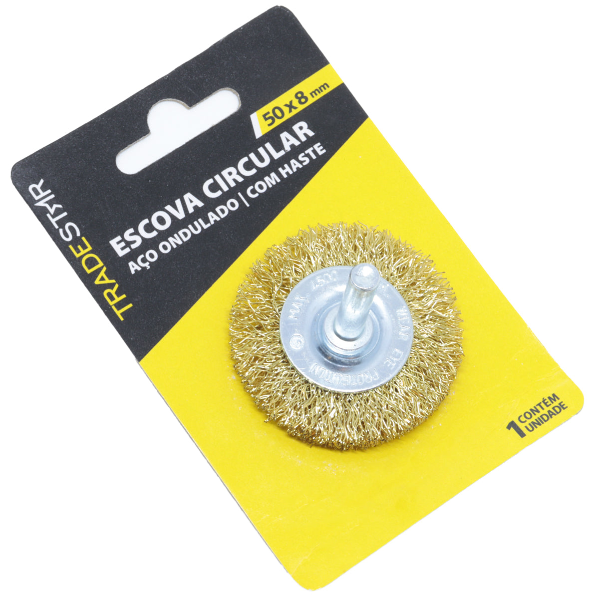 Kit com 10 Escovas de Aço Circular para Furadeira 50x12mm com haste de 1/4, ideal para remoção de ferrugem e limpeza de peças metálicas. Escova de aço carbono latonado ondulado, indicada para uso em furadeiras. Produto original, novo e com garantia.