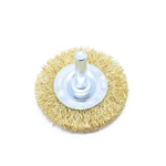 Kit com 10 escovas de aço circular para furadeira 50x12mm, 4 polegadas, haste 1/4. Ideal para remoção de ferrugem, limpeza de peças e preparação de superfícies metálicas. Escova de aço carbono latonado ondulado para uso em furadeiras.