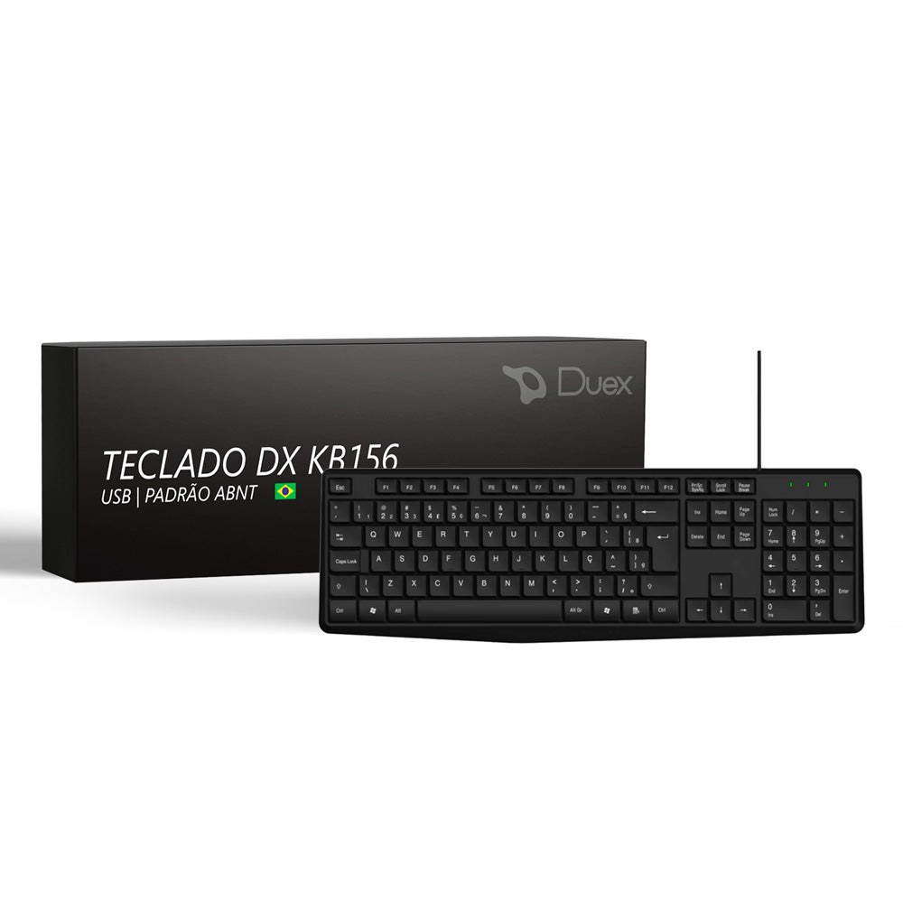 Teclado USB com fio Duex DX KB156 preto ABNT, ideal para escritório e uso doméstico. Design ergonômico, 107 teclas, cabo de 1.5m, padrão brasileiro.