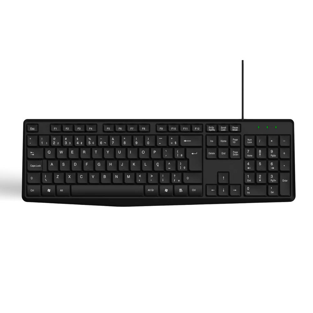 Teclado USB com fio Duex Dx KB156 preto ABNT, ideal para trabalho e estudo. Design ergonômico, 107 teclas, cabo de 1.5m, conexão USB 2.0. Perfeito para uso em escritório ou casa. Teclado preto com layout ABNT.