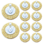 Kit com 10 escovas de aço circular para furadeira 50x12mm com haste de 1/4. Ideal para remoção de ferrugem, limpeza de peças e preparação de superfícies metálicas. Escova de aço carbono latonado ondulado, compatível com furadeiras e indicada para uso em manutenção e restauração.