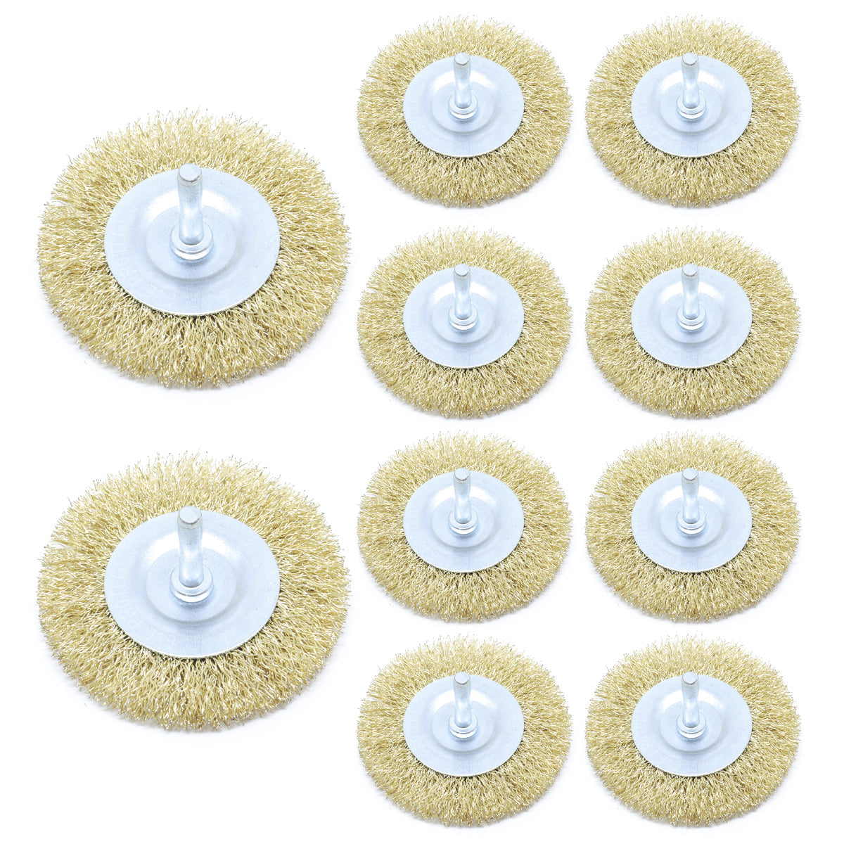 Kit com 10 escovas de aço circular para furadeira 75x10mm 4'' com haste de 1/4, ideal para remoção de ferrugem, oxidação e limpeza de peças em geral. Ferramenta de aço carbono latonado ondulado para uso em furadeiras, com garantia e envio imediato.