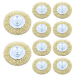 Kit com 10 escovas de aço circular para furadeira 75x10mm 4'' com haste de 1/4, ideal para remoção de ferrugem, oxidação e limpeza de peças em geral. Ferramenta de aço carbono latonado ondulado para uso em furadeiras, com garantia e envio imediato.