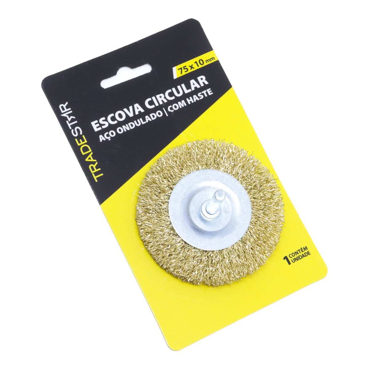 Kit com 10 Escovas de Aço Circular para Furadeira 75x10mm 4'' com Haste 1/4 - Ideal para remoção de ferrugem, oxidação e limpeza de peças em geral. Escova de aço carbono latonado ondulado, compatível com furadeiras. Produto original, novo e com garantia.